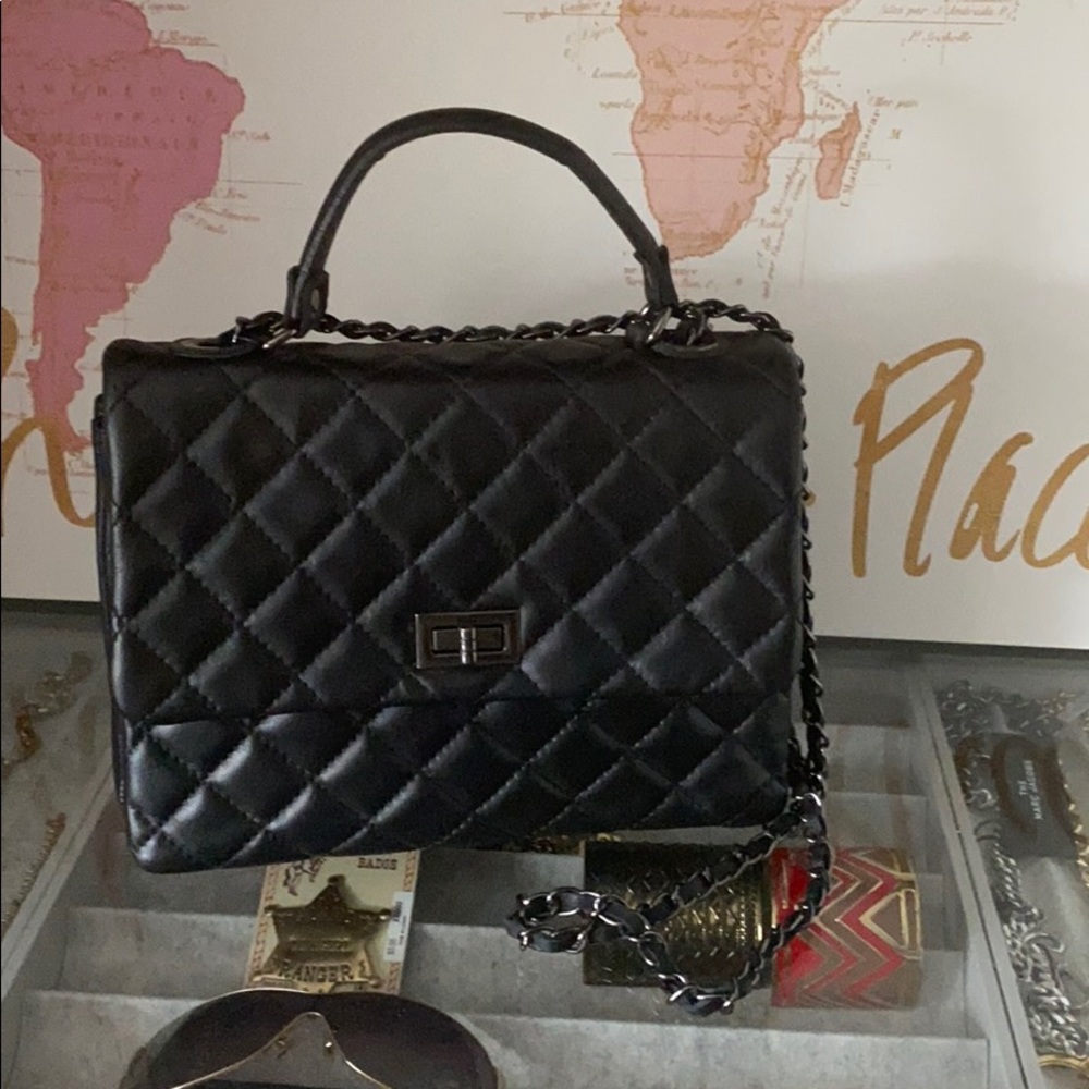 Quilted Leather Top Handle Flap Bag